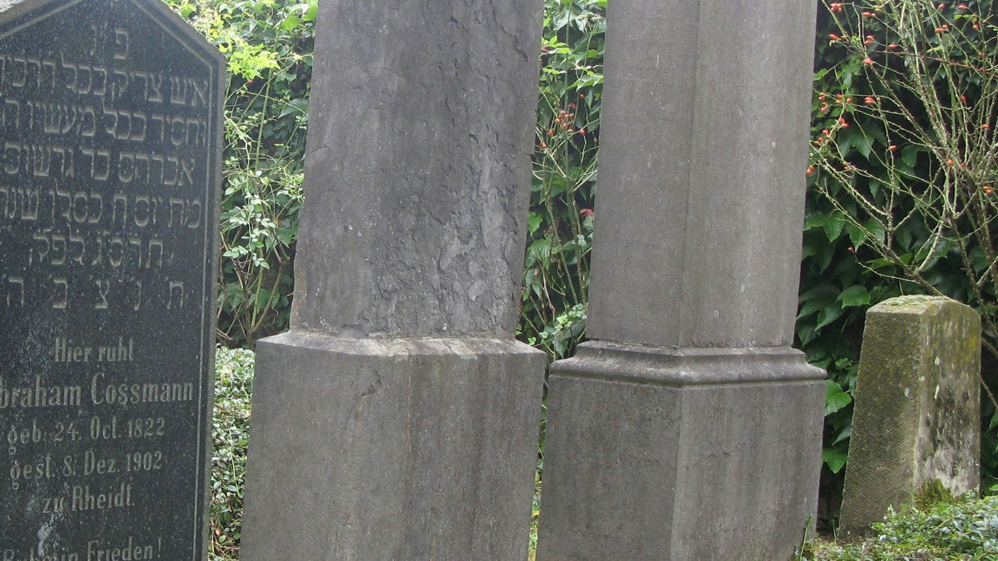 Das Bild zeigt vier Grabsteine auf dem jüdischen Friedhof, einer mit der Gravur nach vorn. Er steht falsch herum.