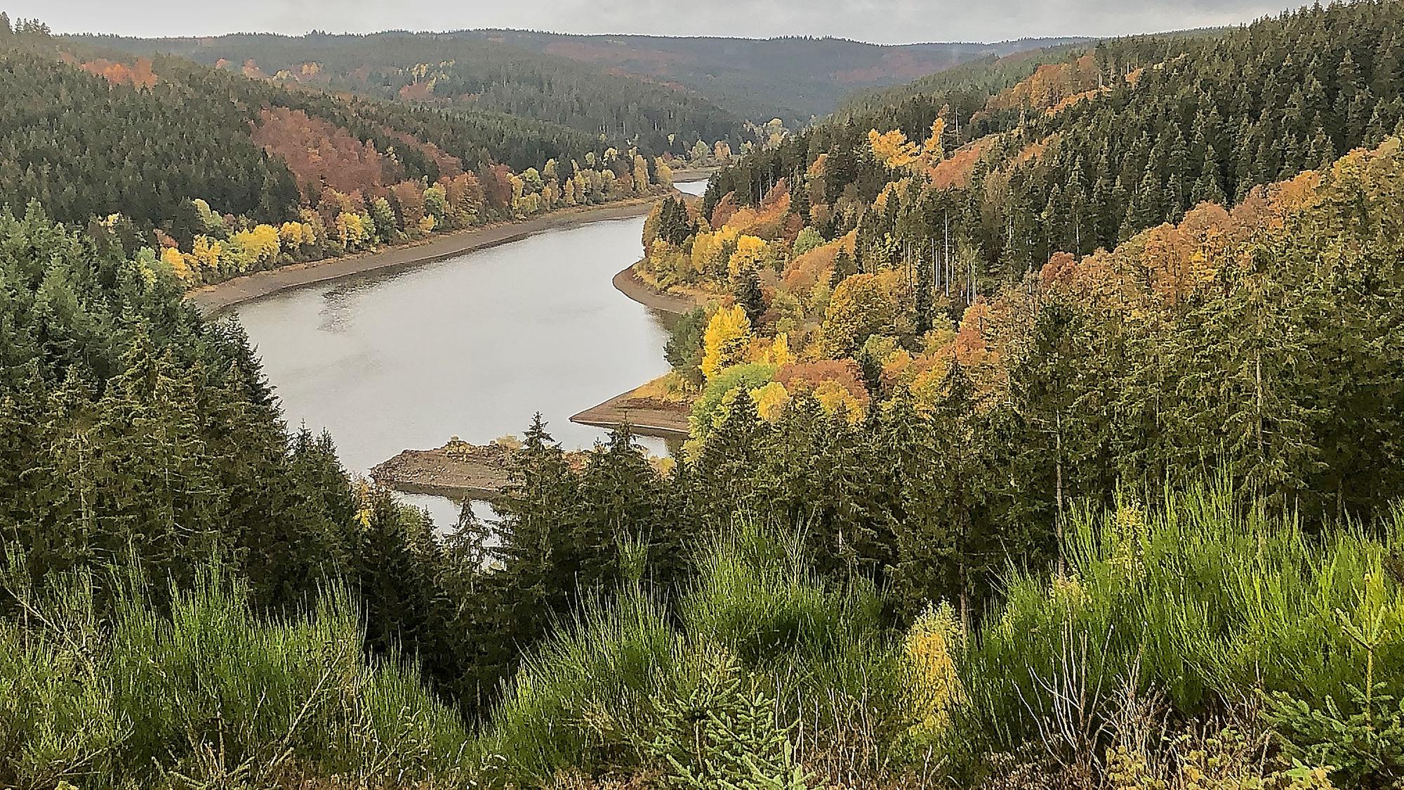 Ein großer See liegt zwischen bewaldetet Hügeln.