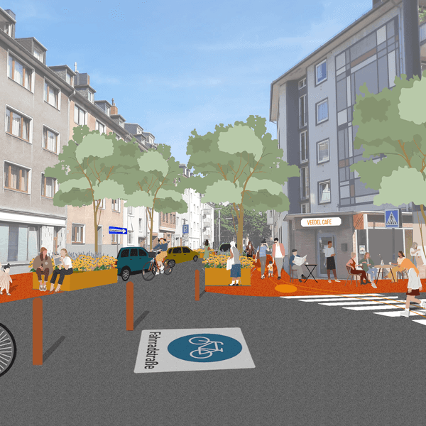 Die Visualisierung zeigt, wie eine Fahrradstraße Am Duffesbach/Kreuzung Burgunderstraße nach Vorstellungen der IG Winzerveedel aussehen könnte.