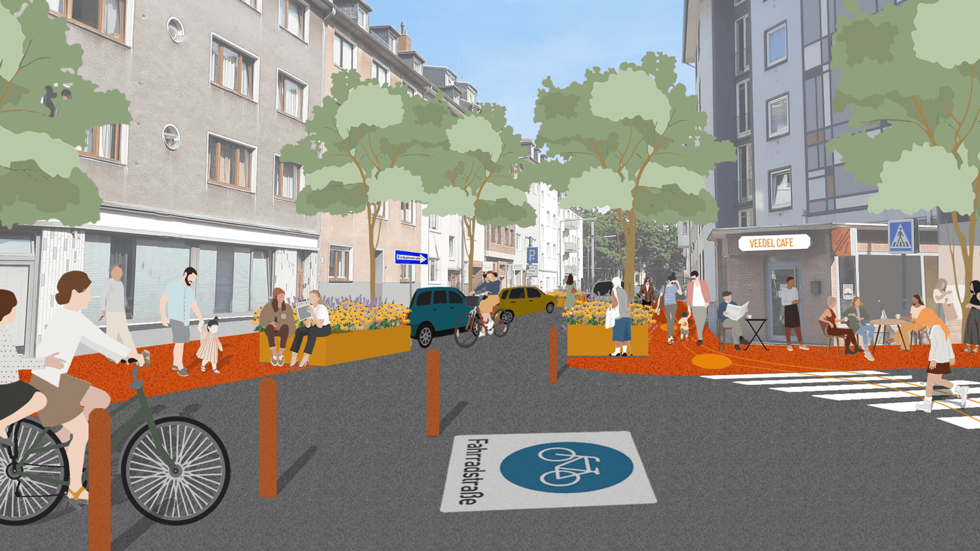 Die Visualisierung zeigt, wie eine Fahrradstraße Am Duffesbach/Kreuzung Burgunderstraße nach Vorstellungen der IG Winzerveedel aussehen könnte.