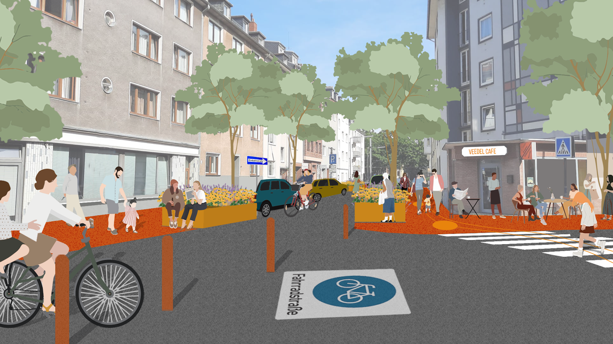 Die Visualisierung zeigt, wie eine Fahrradstraße Am Duffesbach/Kreuzung Burgunderstraße nach Vorstellungen der IG Winzerveedel aussehen könnte.