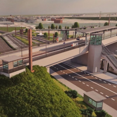 Die Animation zeigt den neuen Bahnhof in Hürth inklusive der Brücke über die Bonnstraße.