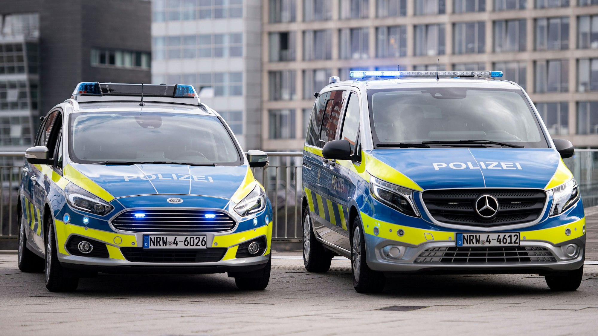 Zwei Polizeiwagen stehen auf einem Grundstück.