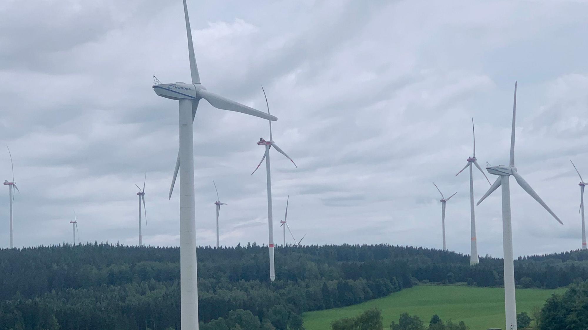 Das Bild zeigt Windenergieanlagen in einem Waldgebiet.