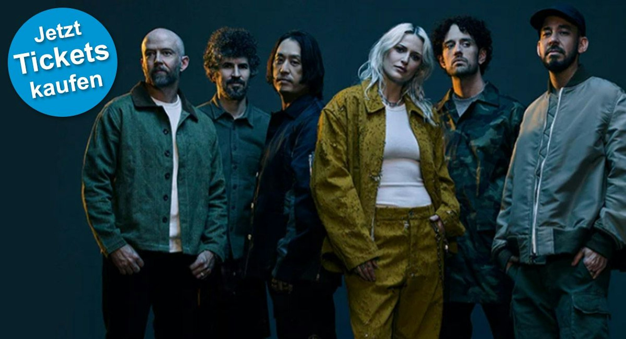 Linkin Park mit den Bandmitgliedern Mike Shinoda, Brad Delson, Phoenix und Joe Hahn, Emily Armstrong und Colin Brittain.