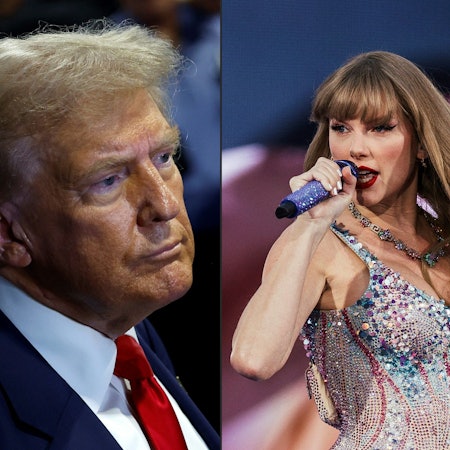 (COMBO) This combination of pictures created on September 15, 2024 shows
US Republican presidential nominee, former US President Donald Trump speaking to reporters in the spin room after debating Democratic presidential nominee, US Vice President Kamala Harris, at Pennsylvania Convention Center on September 10, 2024 in Philadelphia, Pennsylvania.
US singer and songwriter Taylor Swift performs on stage as part of her Eras Tour in Lisbon on May 24, 2024.. The tweet came as a surprise, even from the provocative Donald Trump: "I HATE TAYLOR SWIFT!" the former president said on September 15, 2024. Though the all-caps post came without accompanying commentary or explanation, the context was clear. On Tuesday, just minutes after a debate with Vice President Kamala Harris that Republican Trump was widely seen as losing, the superstar singer/songwriter posted a message on Instagram saying she would be voting for his Democratic rival, calling Harris a "steady-handed, gifted leader." (Photo by Kevin Dietsch and ANDRE DIAS NOBRE / various sources / AFP)