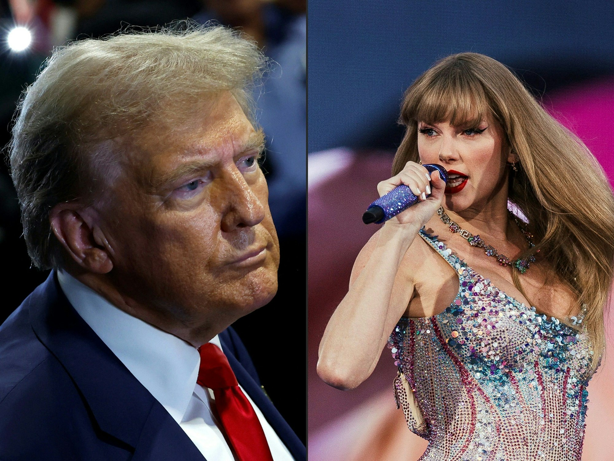 (COMBO) This combination of pictures created on September 15, 2024 shows
US Republican presidential nominee, former US President Donald Trump speaking to reporters in the spin room after debating Democratic presidential nominee, US Vice President Kamala Harris, at Pennsylvania Convention Center on September 10, 2024 in Philadelphia, Pennsylvania.
US singer and songwriter Taylor Swift performs on stage as part of her Eras Tour in Lisbon on May 24, 2024.. The tweet came as a surprise, even from the provocative Donald Trump: "I HATE TAYLOR SWIFT!" the former president said on September 15, 2024. Though the all-caps post came without accompanying commentary or explanation, the context was clear. On Tuesday, just minutes after a debate with Vice President Kamala Harris that Republican Trump was widely seen as losing, the superstar singer/songwriter posted a message on Instagram saying she would be voting for his Democratic rival, calling Harris a "steady-handed, gifted leader." (Photo by Kevin Dietsch and ANDRE DIAS NOBRE / various sources / AFP)