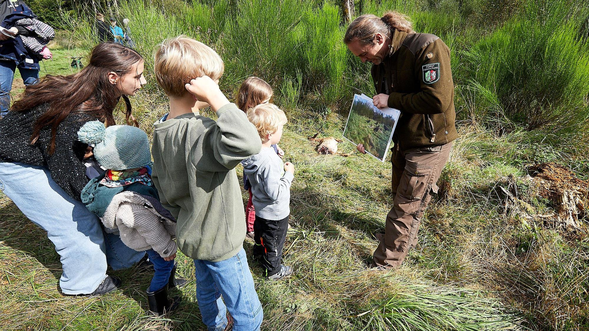 Thomas Kroll steht auf einer Wiese im Nationalpark und erklärt Kindern anhand von Bildern etwas.