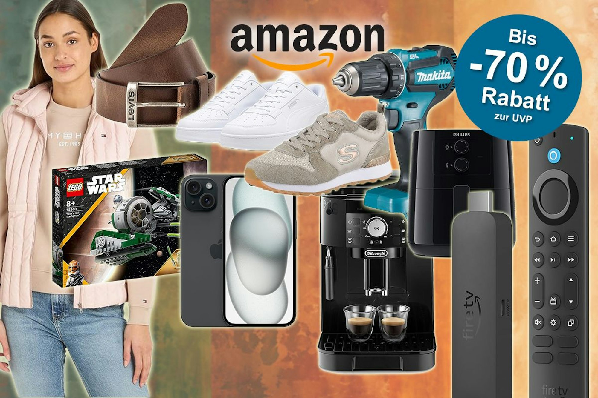 Verschiedene Produkte wie Levi's Gürtel, Makita Akkuschrauber, Sneaker der Marken Skechers und Puma, De' Longhi Kaffeevollautomat, Amazon Fire TV Stick und mehr sind vor einem Hintergrund angeordnet.
