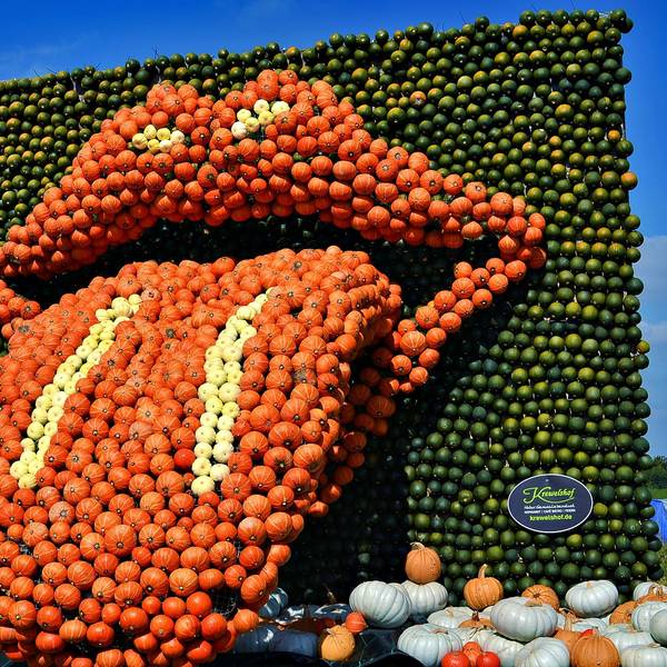 Eine Skulptur aus orangefarbenen und grünen Kürbissen stellt die herausgestreckte Zunge dar, wie die Rolling Stones sie bekannt machten.