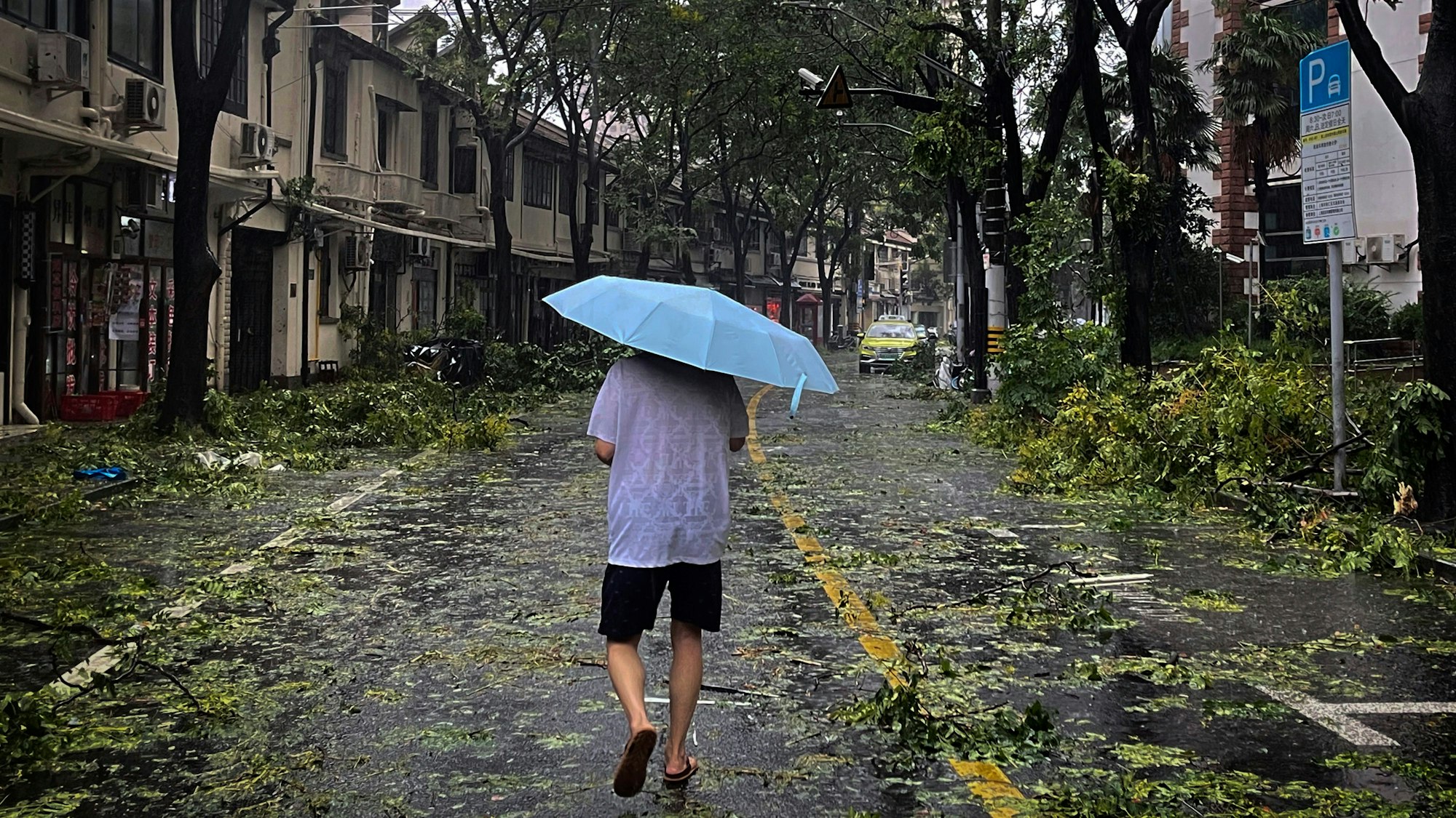 Ein Mann mit Regenschirm läuft über eine Straße, die von abgebrochenen Ästen übersät ist.