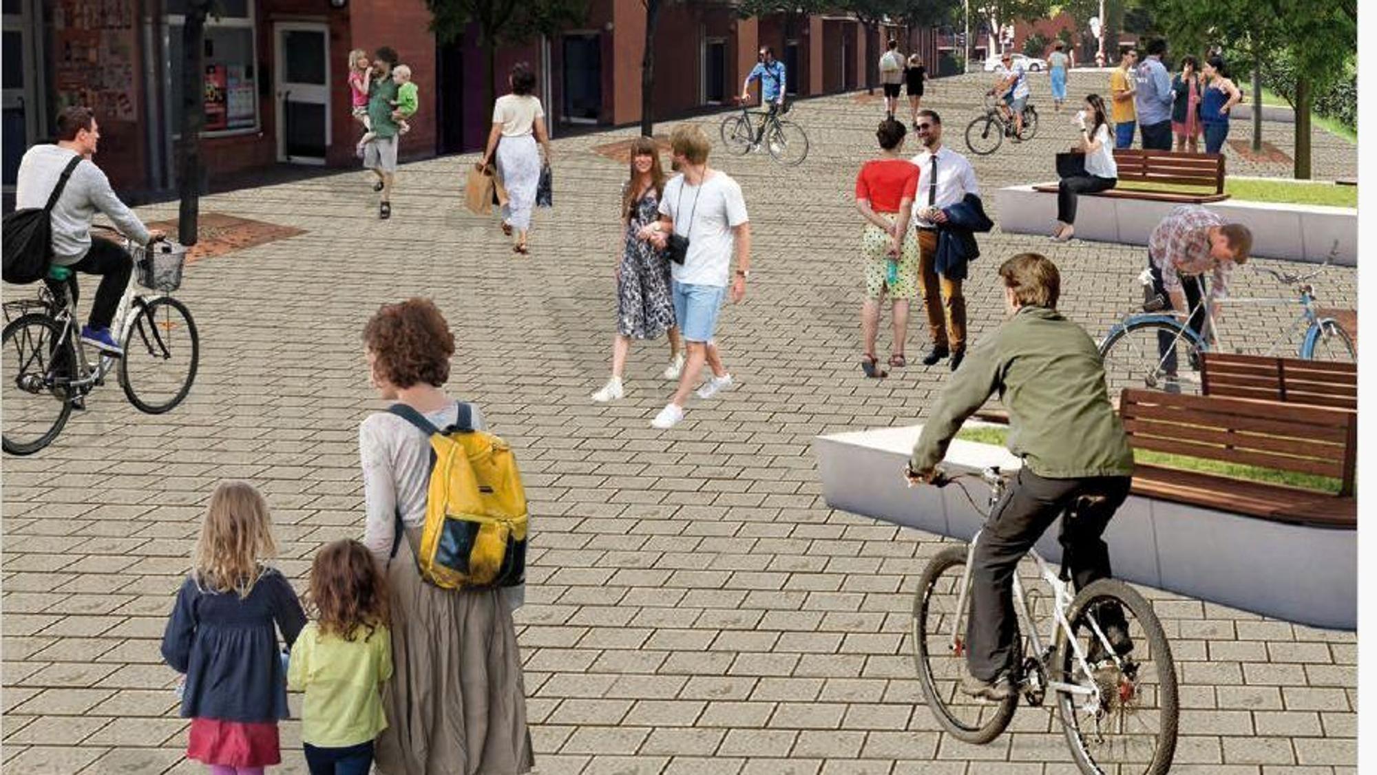 SO könnte nach Meinung des Bündnisses Porz-Mitte eine autofreie Karlstraße in Porz-Mitte aussehen.