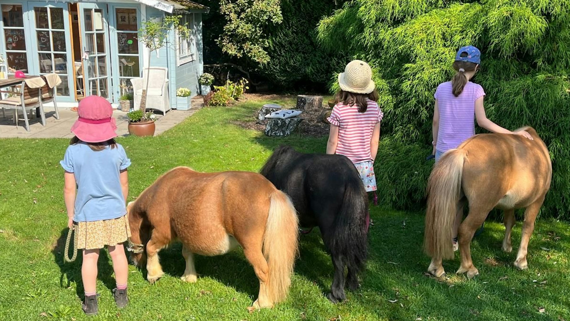 Drei Kinder stehen mit drei Ponys in einem Garten auf dem Rasen.