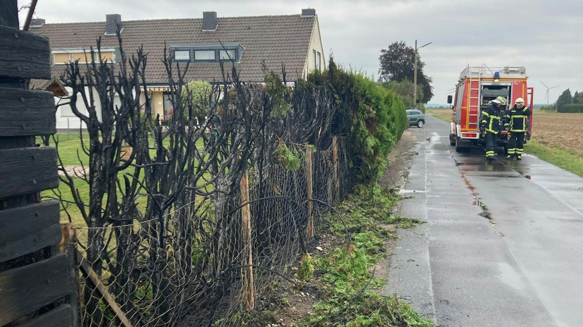 Nur noch verkohlte Reste erinnern an die einst grüne Thuja-Hecke. Die Feuerwehr konnte den Brand schnell löschen.