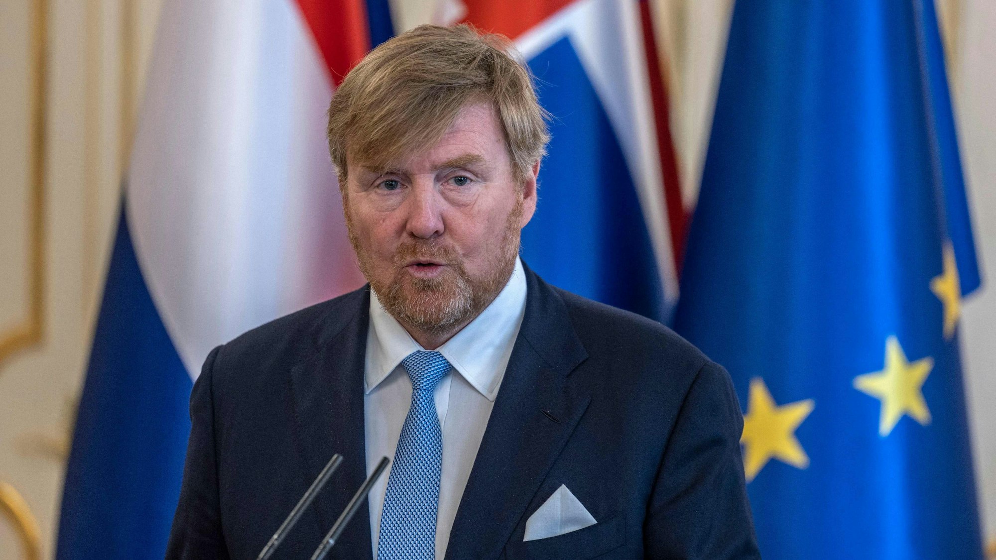König Willem-Alexander der Niederlande spricht während einer Pressekonferenz im Präsidentenpalast in Bratislava.