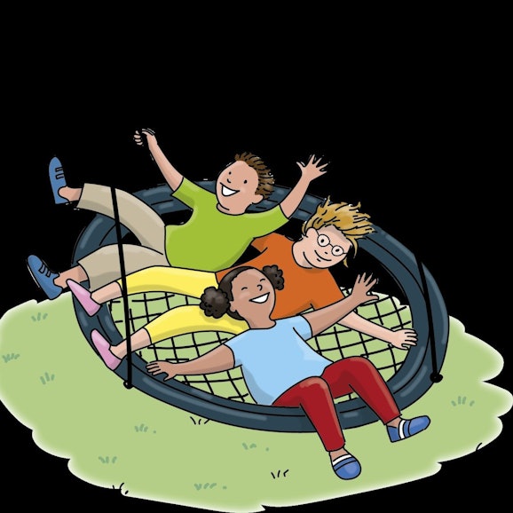 Auf der Illustration von Dorothee Wolters liegen drei Kita-Kinder auf einer Netzschaukel und strecken ihre Arme und Beine in die Höhe.