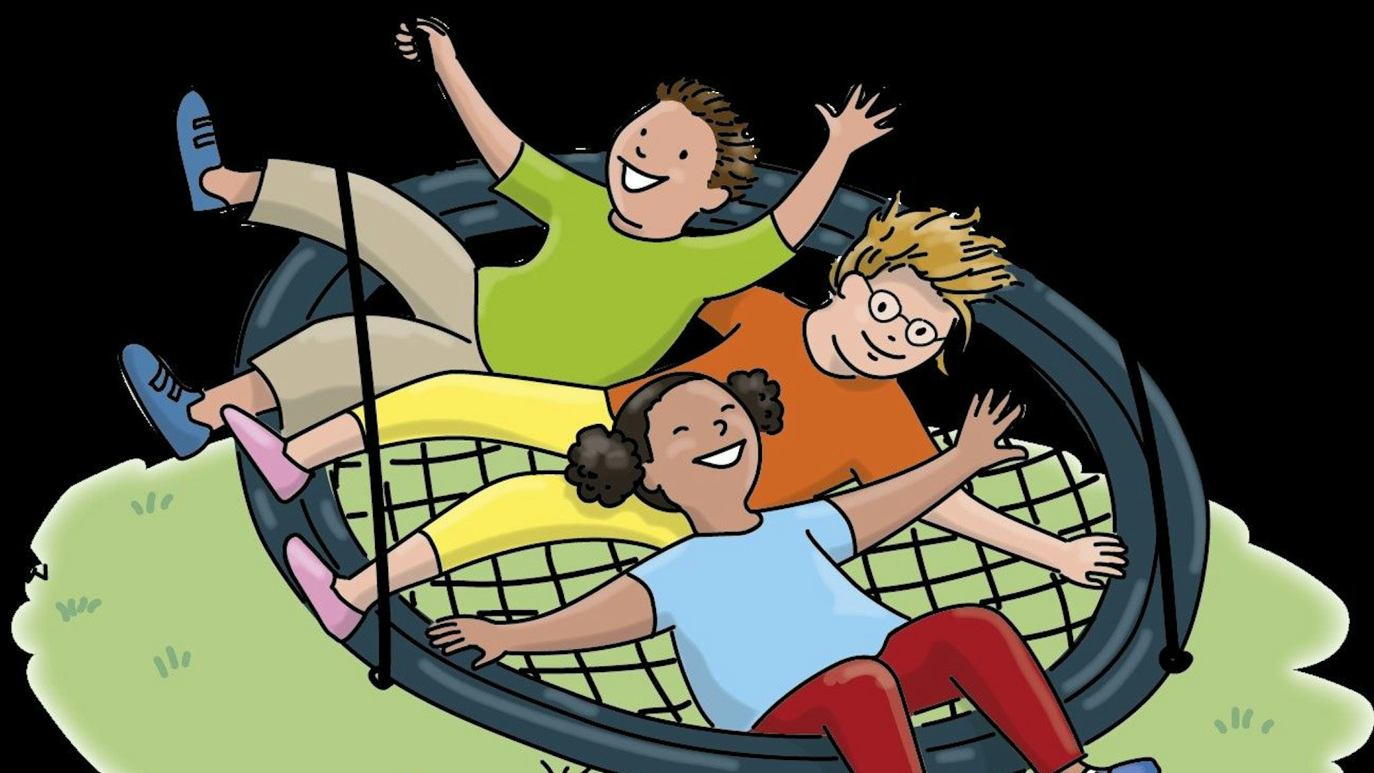 Auf der Illustration von Dorothee Wolters liegen drei Kita-Kinder auf einer Netzschaukel und strecken ihre Arme und Beine in die Höhe.