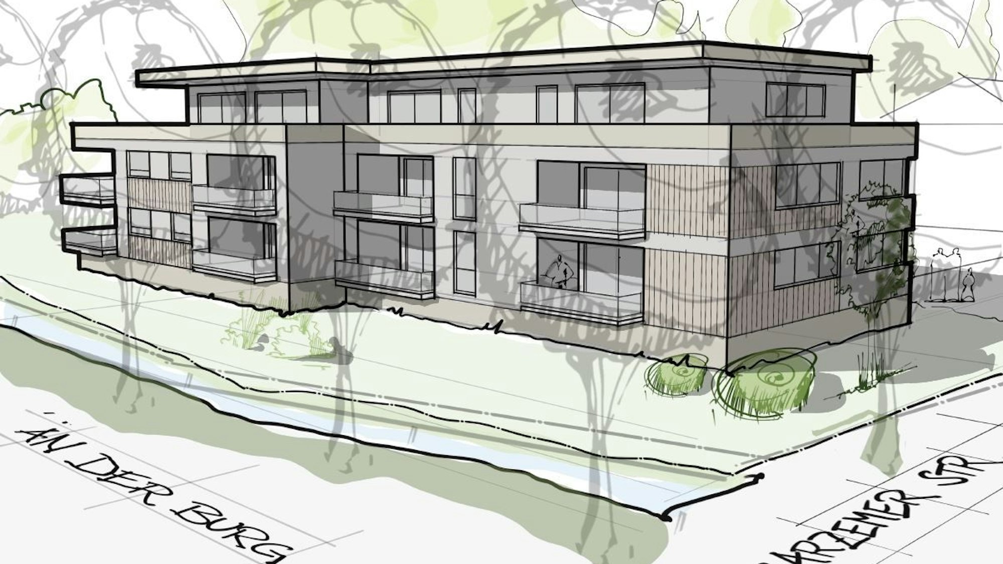 Das Bild zeigt die Entwurfszeichung eines geplanten Mehrfamilienhauses an der Kreuzung An der Burg/Gartzemer Straße.