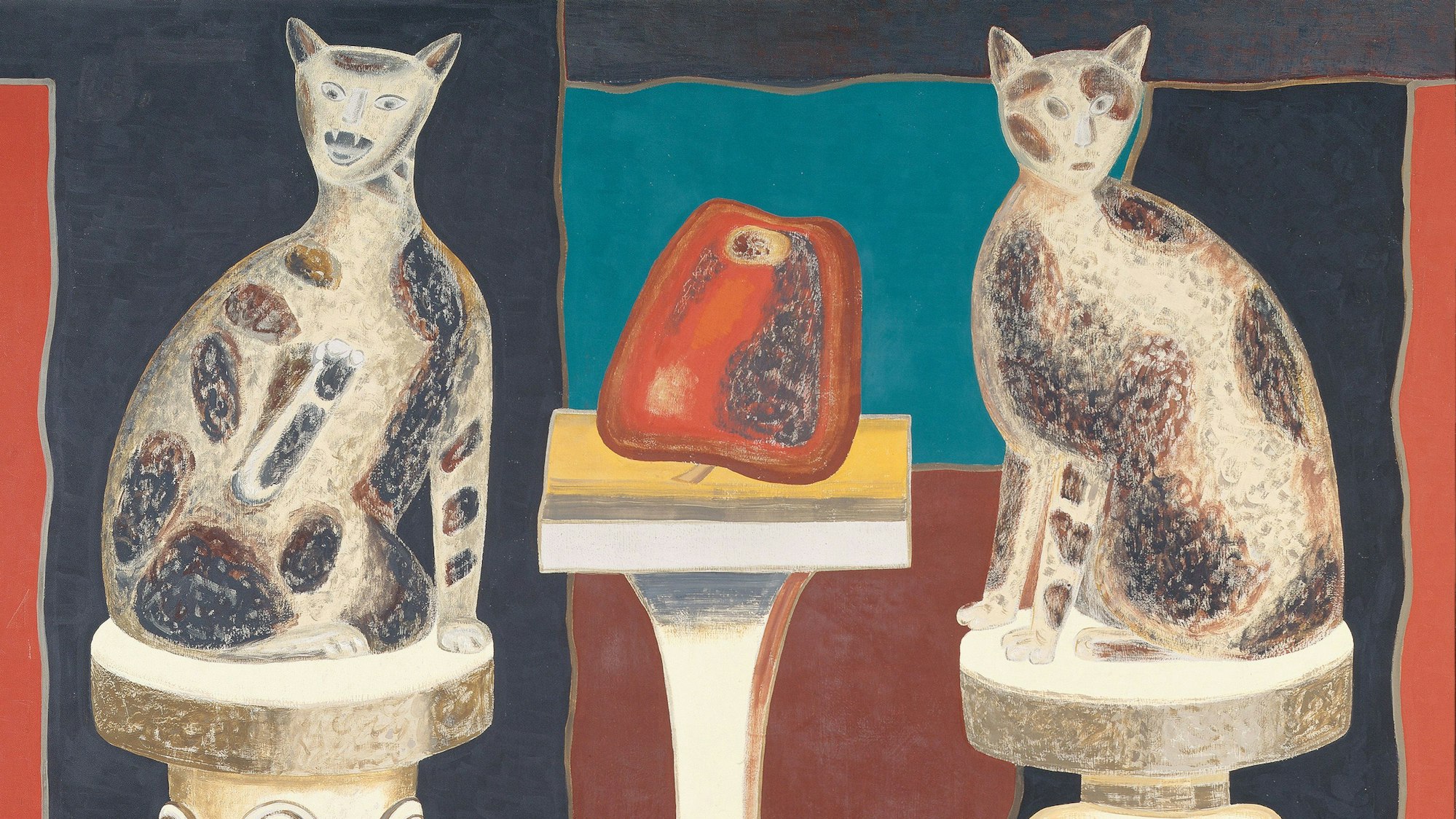 Zwei Katzen sitzen auf Podesten, eine faucht.