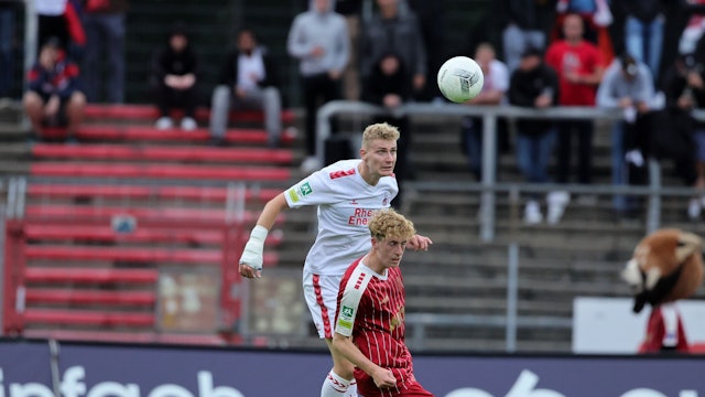 SC Fortuna Köln vs. 1. FC Köln U21, 4.Liga,
oben: Meiko Sponsel (1. FC Köln), 01.08.2023, Bild: Herbert Bucco