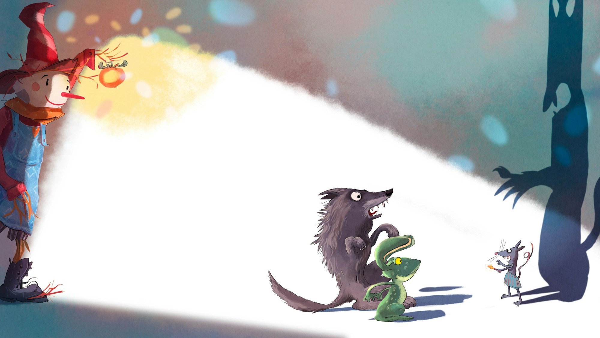 Eine Vogelscheuche beleuchtet eine Maus, die dadurch einen riesigen Schatten wirft