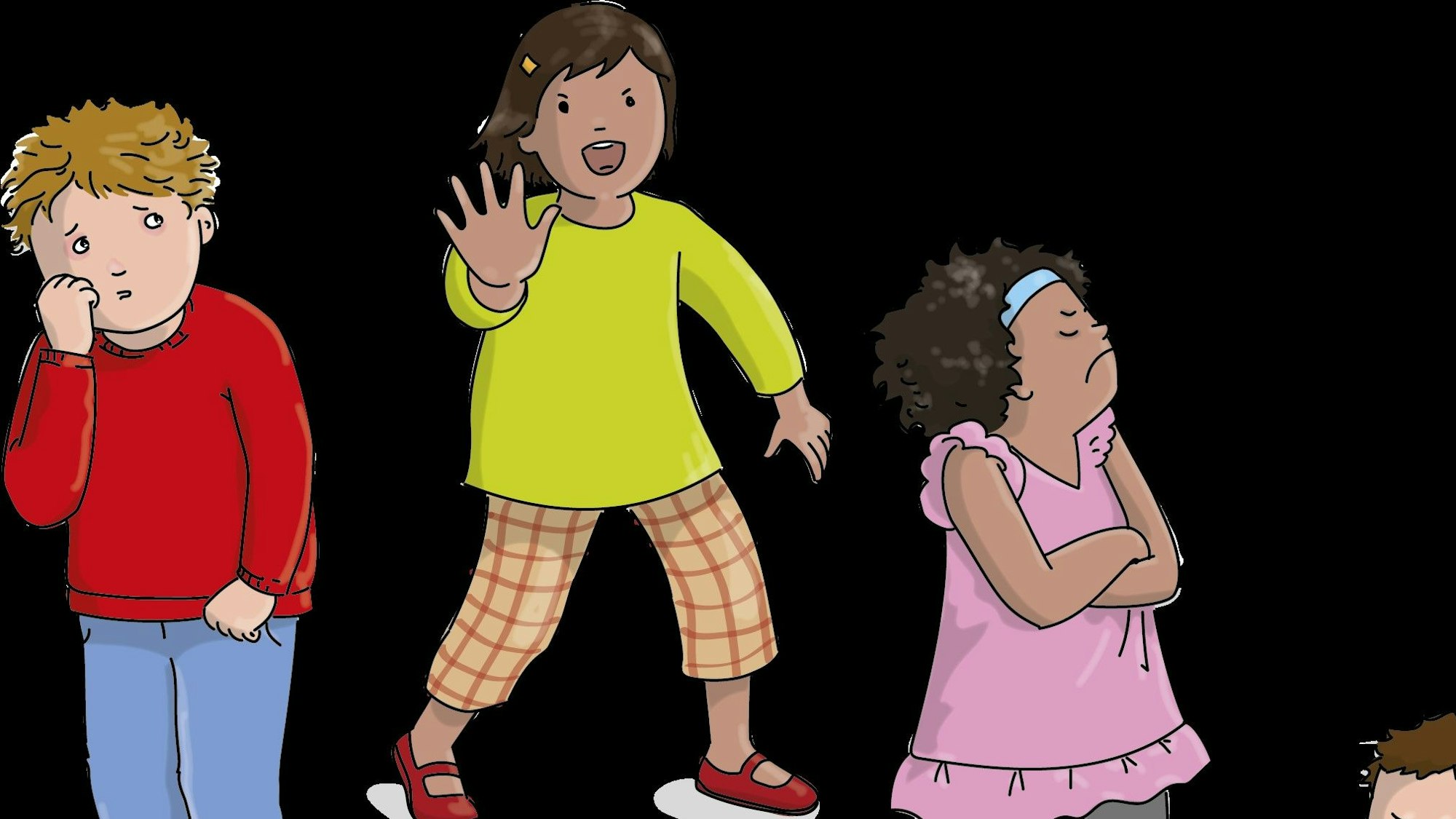 Auf der Illustration von Dorothee Wolters sind zwei Mädchen und ein Junge zu sehen, das eine Mädchen wehrt sich mit der Hand, wahrscheinlich wurde es von den beiden anderen gemobbt.