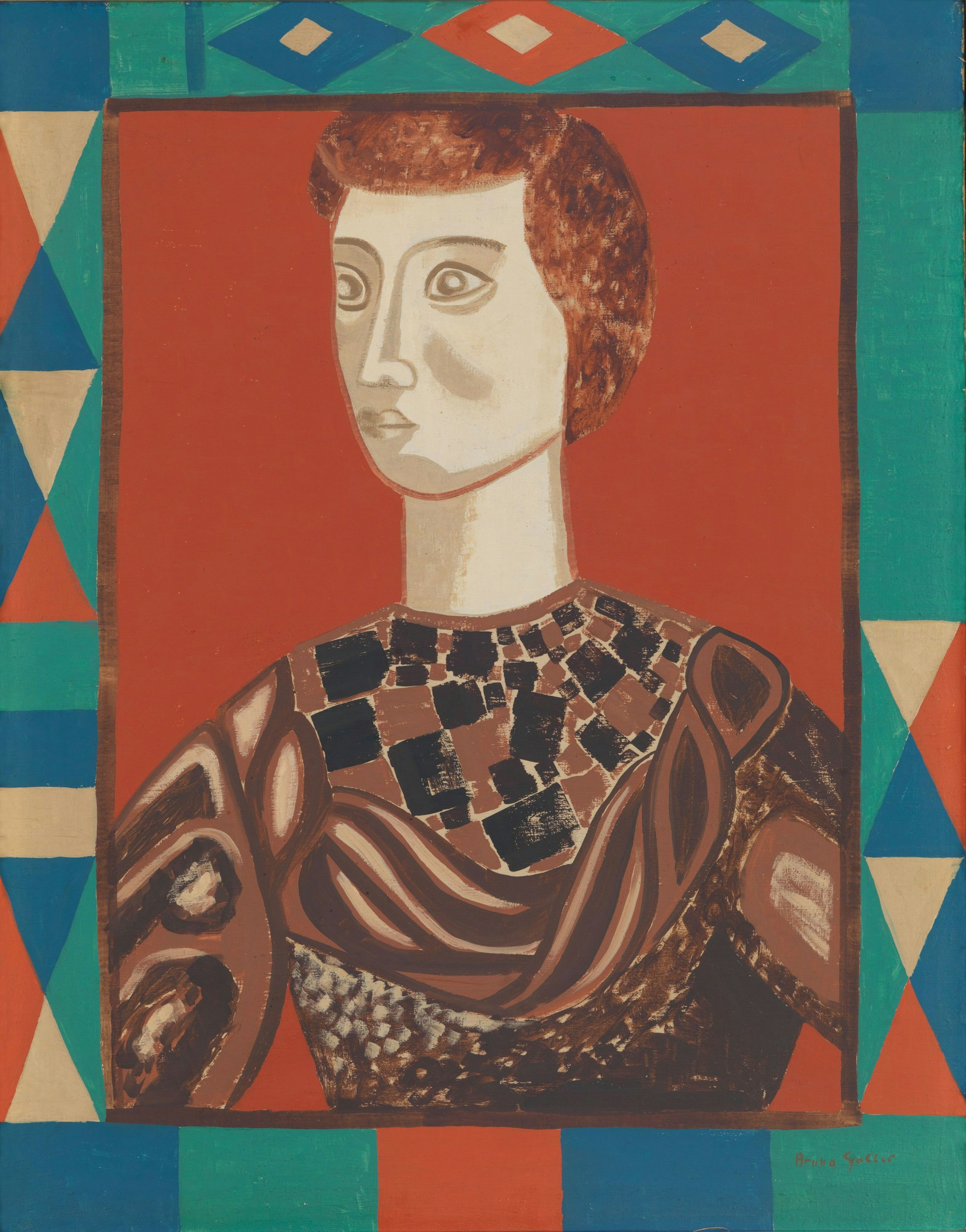 Eine Frau mit weit aufgerissenen Augen schaut zum Bild heraus.