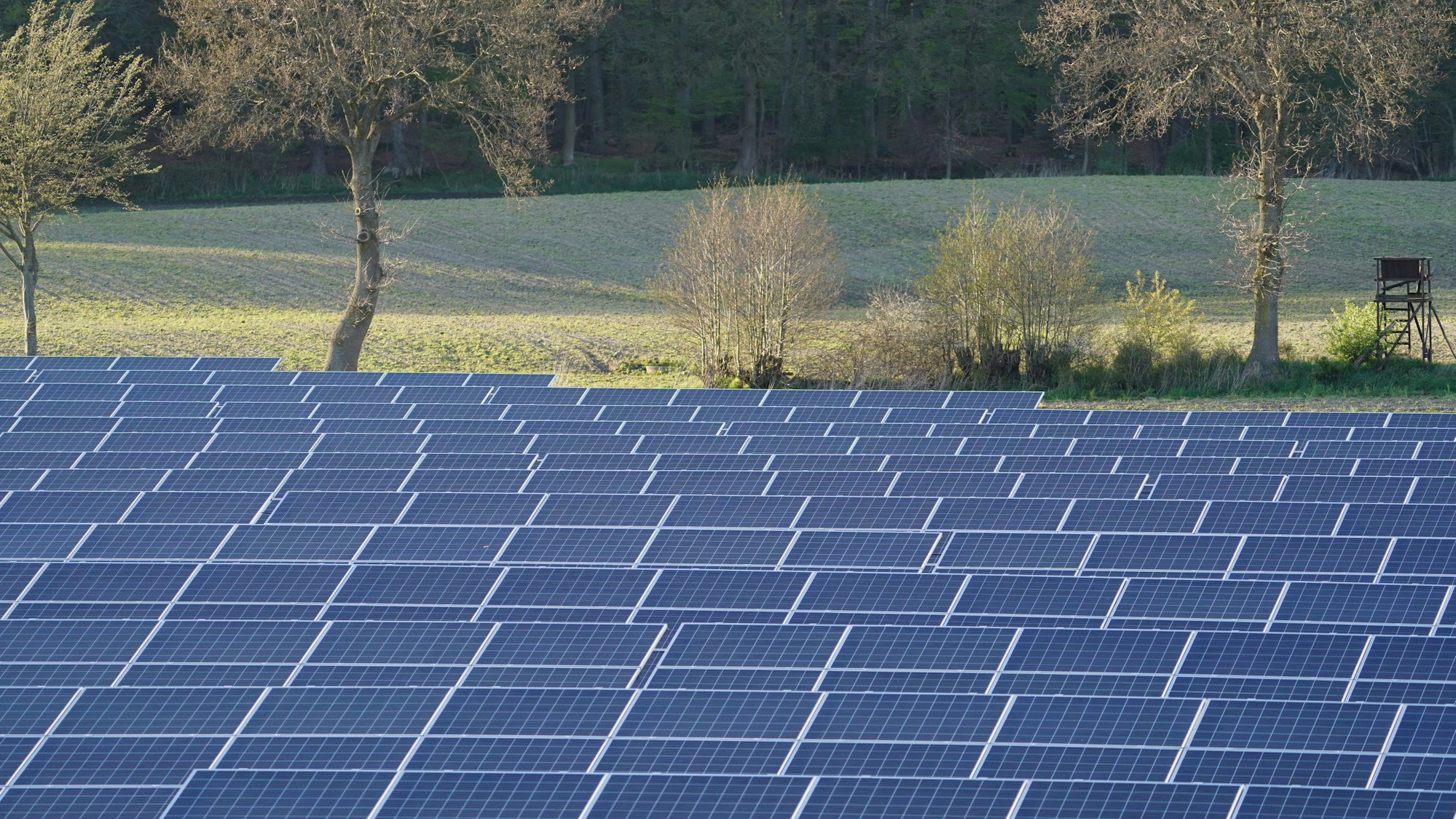 Photovoltaik-Anlagen in einem Solarpark neben der Autobahn A 7 in Schleswig-Holstein.