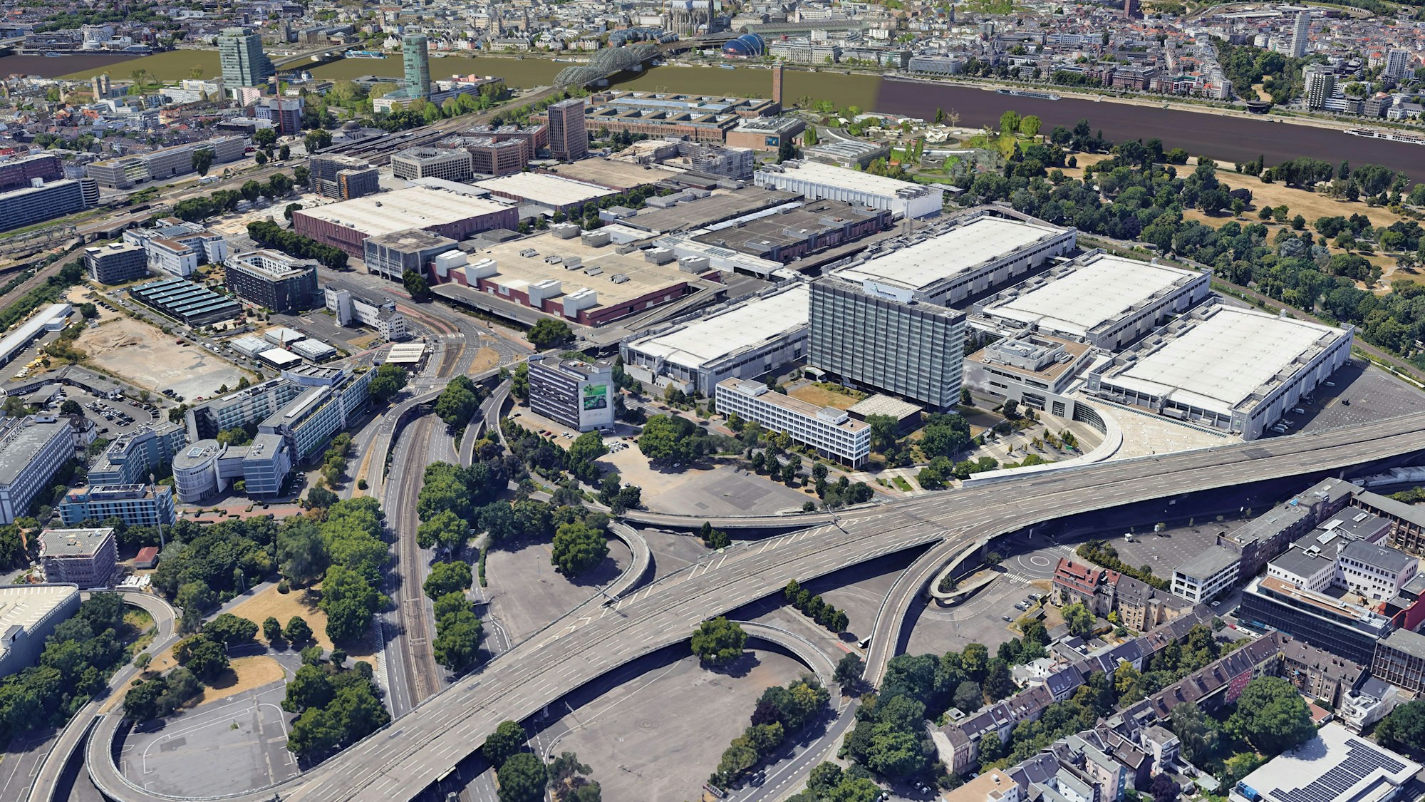 In der Bildmitte der 3D-Ansicht: Auf dem Grundstück zwischen Zoobrücke, Pfälzer Ring und Deutz -Mülheimer Straße möchte Flossbach von Storch ein Hochhaus errichten.