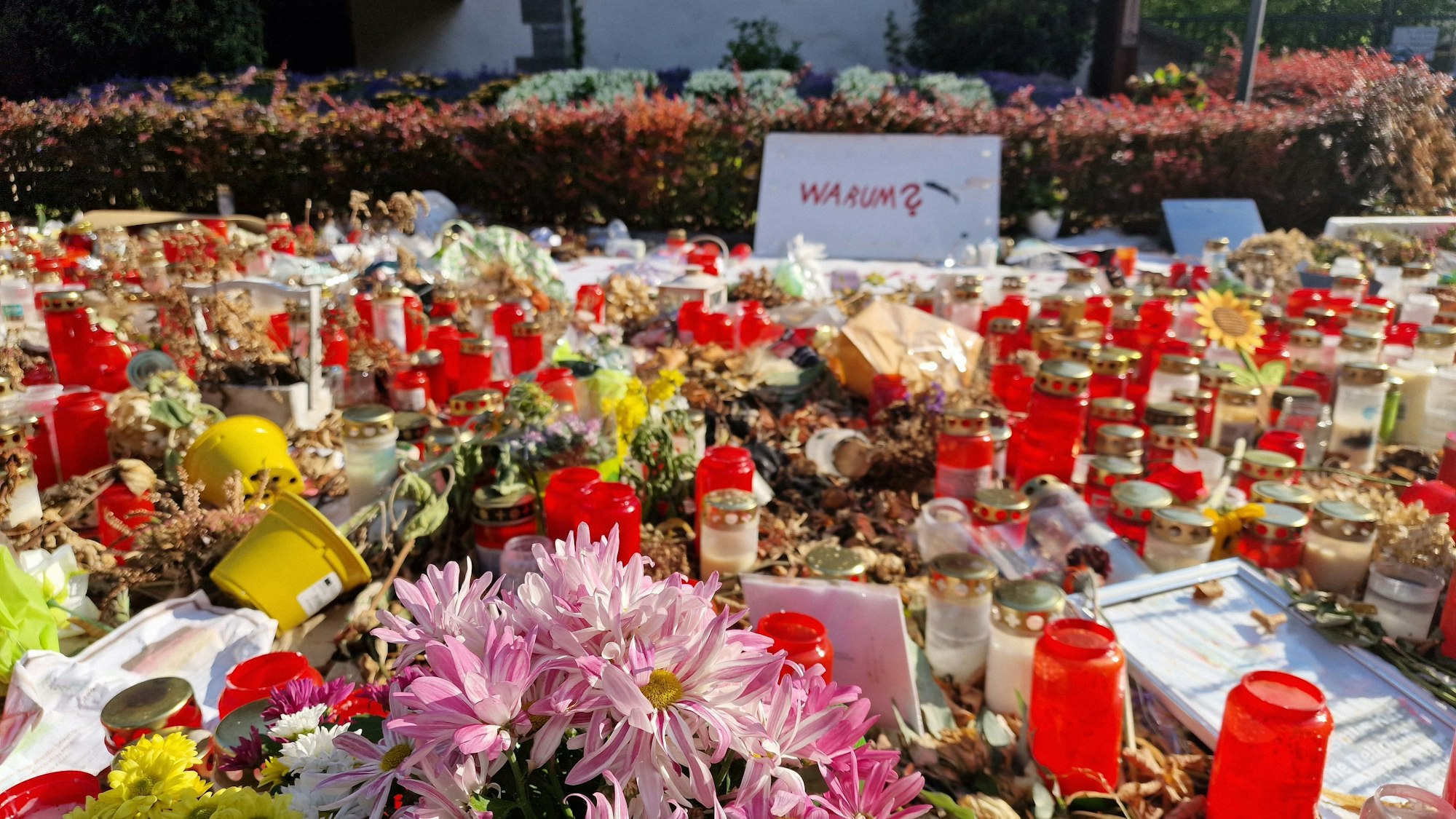 Vier Wochen nach dem Anschlag in Solingen: Die meisten Blumen an der Gedenkstätte sind verwelkt.