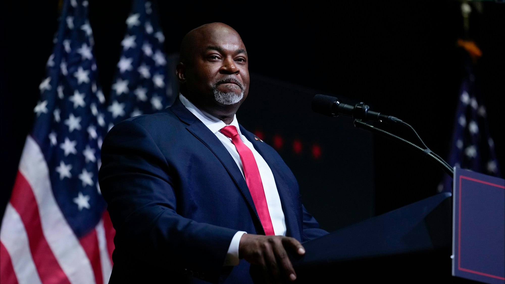 FILE - North Carolina Lt. Gov. Mark Robinson speaks before Republican presidential nominee former President Donald Trump at a campaign rally in Asheville, N.C., Aug. 14, 2024. (AP Photo/Matt Rourke, File)