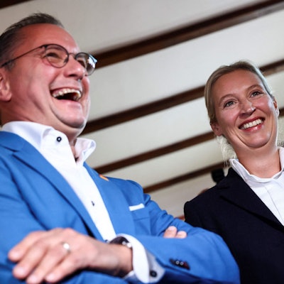 Die AfD-Parteichefs Tino Chrupalla und Alice Weidel feierten bei der Wahlparty der AfD in Potsdam das starke Ergebnis ihrer Partei.
