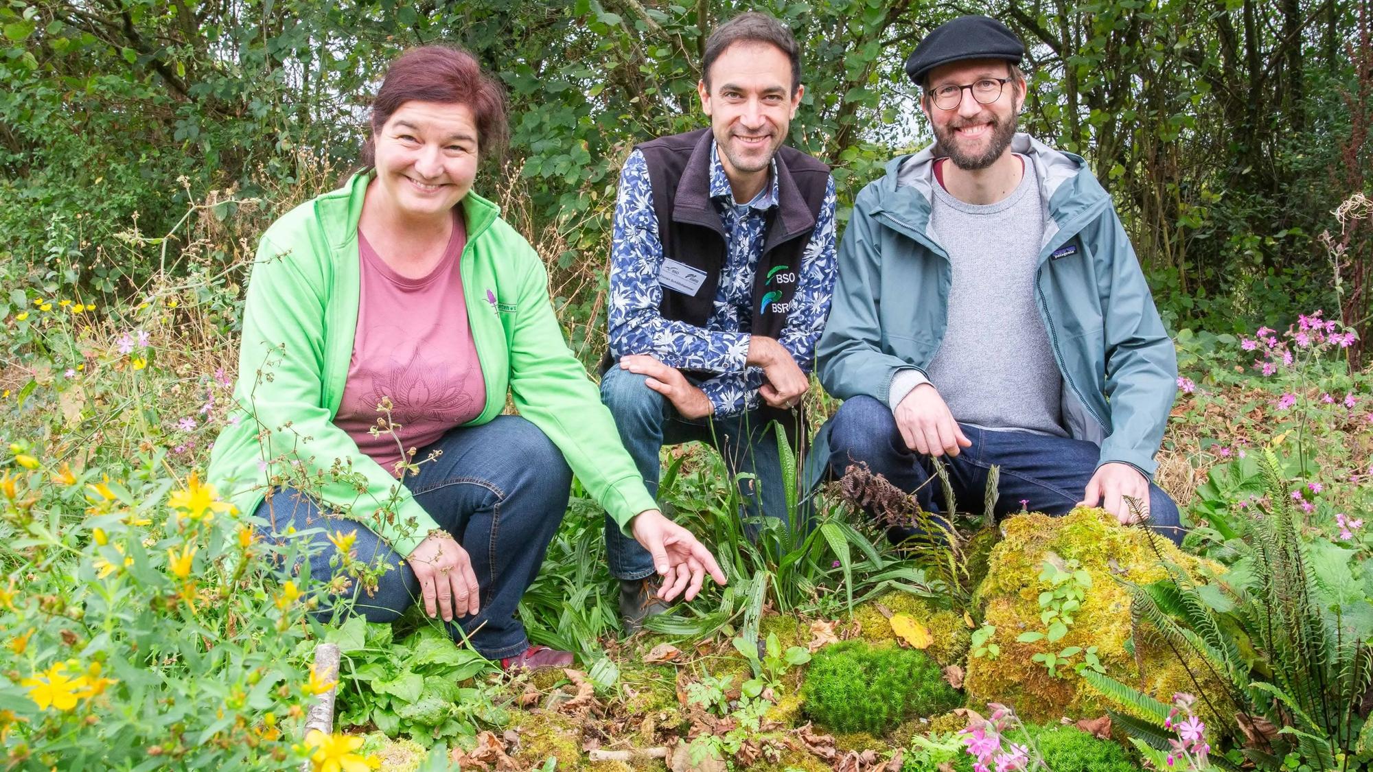 Im Moosbeet erklären Carola Hoppen, Florian Schöllnhammer und Stephan Hahn (vl.l) die einzelnen Moose und Farne.