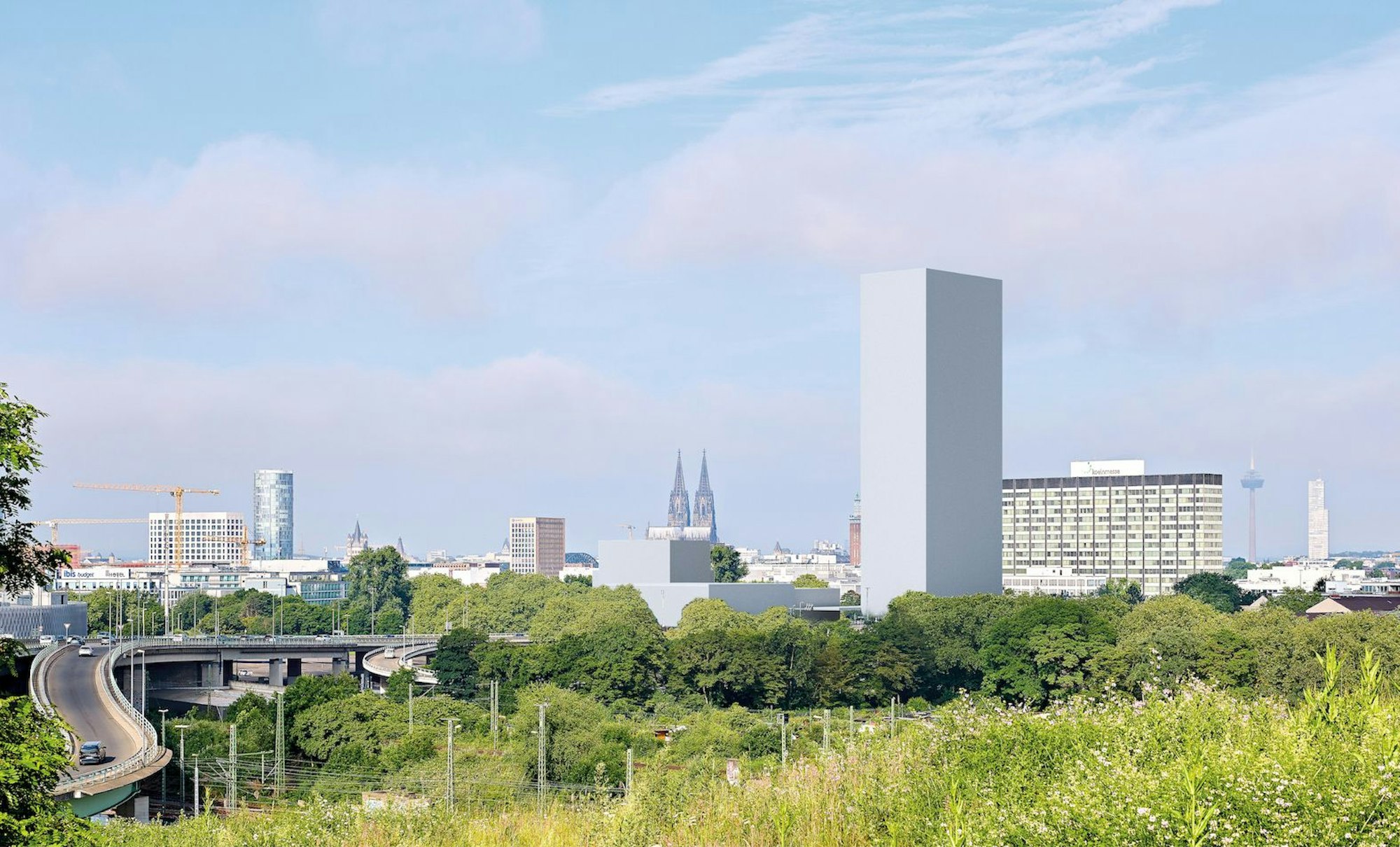 Visualisierung eines Entwurfes für das neue Hochhaus vom Kalkberg aus gesehen