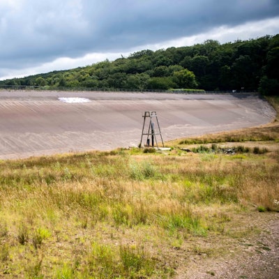 Das Bild zeigt den Damm der leeren Steinbachtalsperre, in der Gräser und Sträucher wachsen.