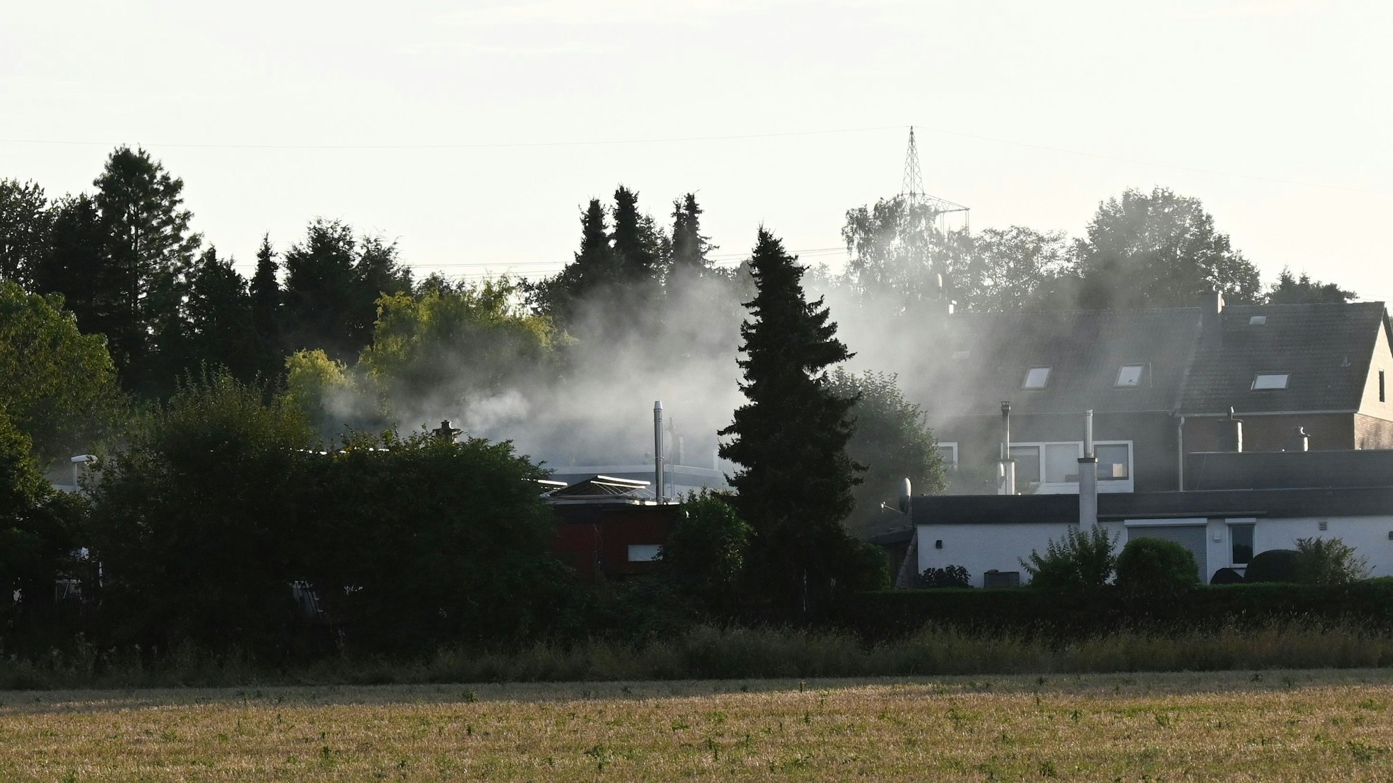 Ein Wohngebiet zwischen Büschen und Bäumen. Aus der Mitte steigt Rauch auf.