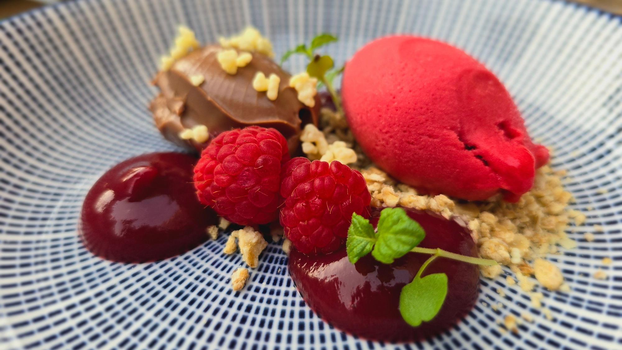 Belgische Schokolade, Himbeersorbet, Himbeergel, Honig & Nuss