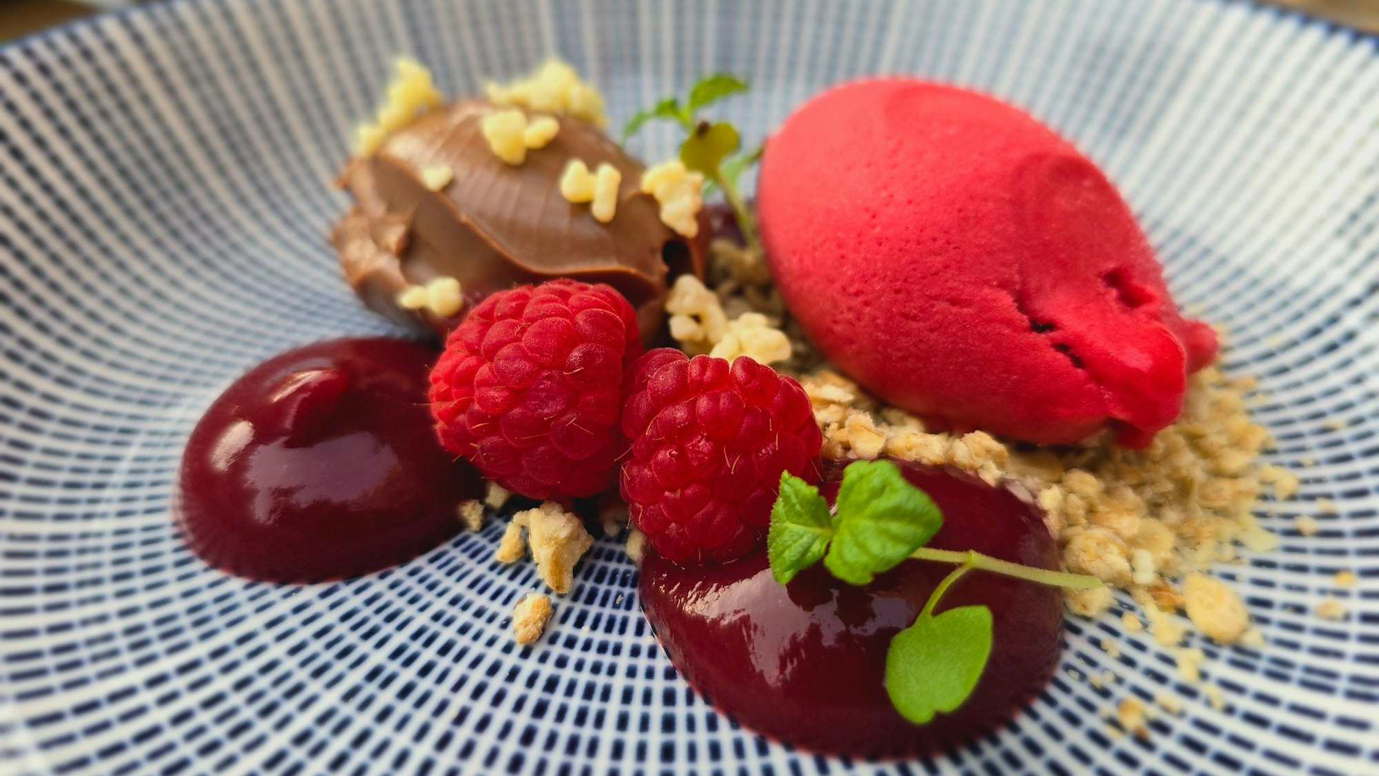 Belgische Schokolade, Himbeersorbet, Himbeergel, Honig & Nuss