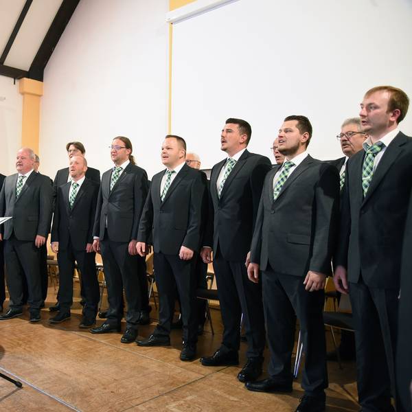 Ein Männerchor in dunklen Anzügen beim Auftritt.