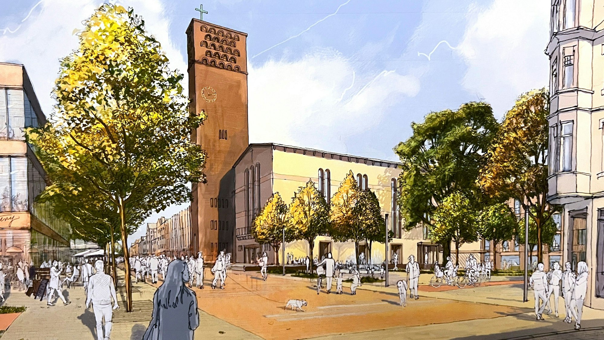 Eine Zeichnung vom Siegerentwurf: Die Pavillons sollen ebenso abgerissen werden, wie der Kaufhof-Balkon. So soll ein neuer Platz entstehen. Büro Mola ISR