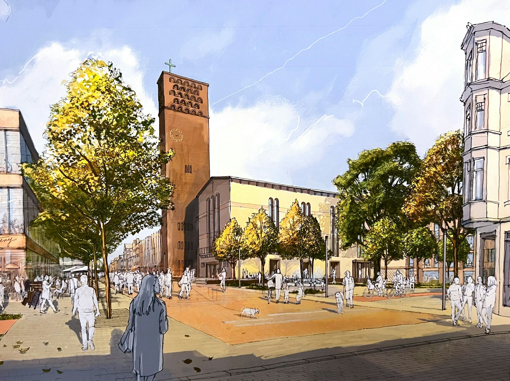 Eine Zeichnung vom Siegerentwurf: Die Pavillons sollen ebenso abgerissen werden, wie der Kaufhof-Balkon. So soll ein neuer Platz entstehen. om Büro Mola ISR Stadt Leverkusen Welche Maßnahmen eines „Integrierten städtebauliches Entwicklungskonzepts“ (ISEK) können die Entwicklung der Wiesdorfer Innenstadt günstig beeinflussen? Was sollte Priorität haben? Das war Thema eines Workshops mit Akteurinnen und Akteuren aus den Bereichen Einzelhandel, Gastronomie, Dienstleistung, Einrichtungen und Vereinen sowie Vertreterinnen und Vertretern aus Kunst und Kultur am 19. September 2024. Der Fachbereich Stadtplanung der Stadt Leverkusen hatte eingeladen.