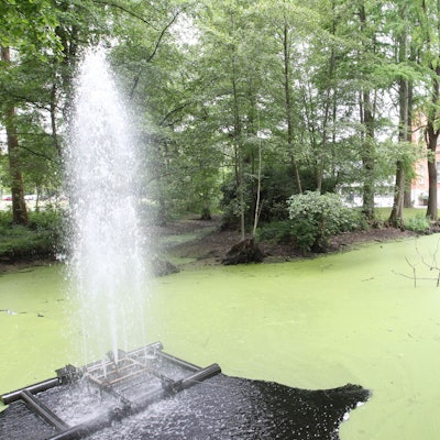 Eine Wasserfläche vor einem historischen Gebäude