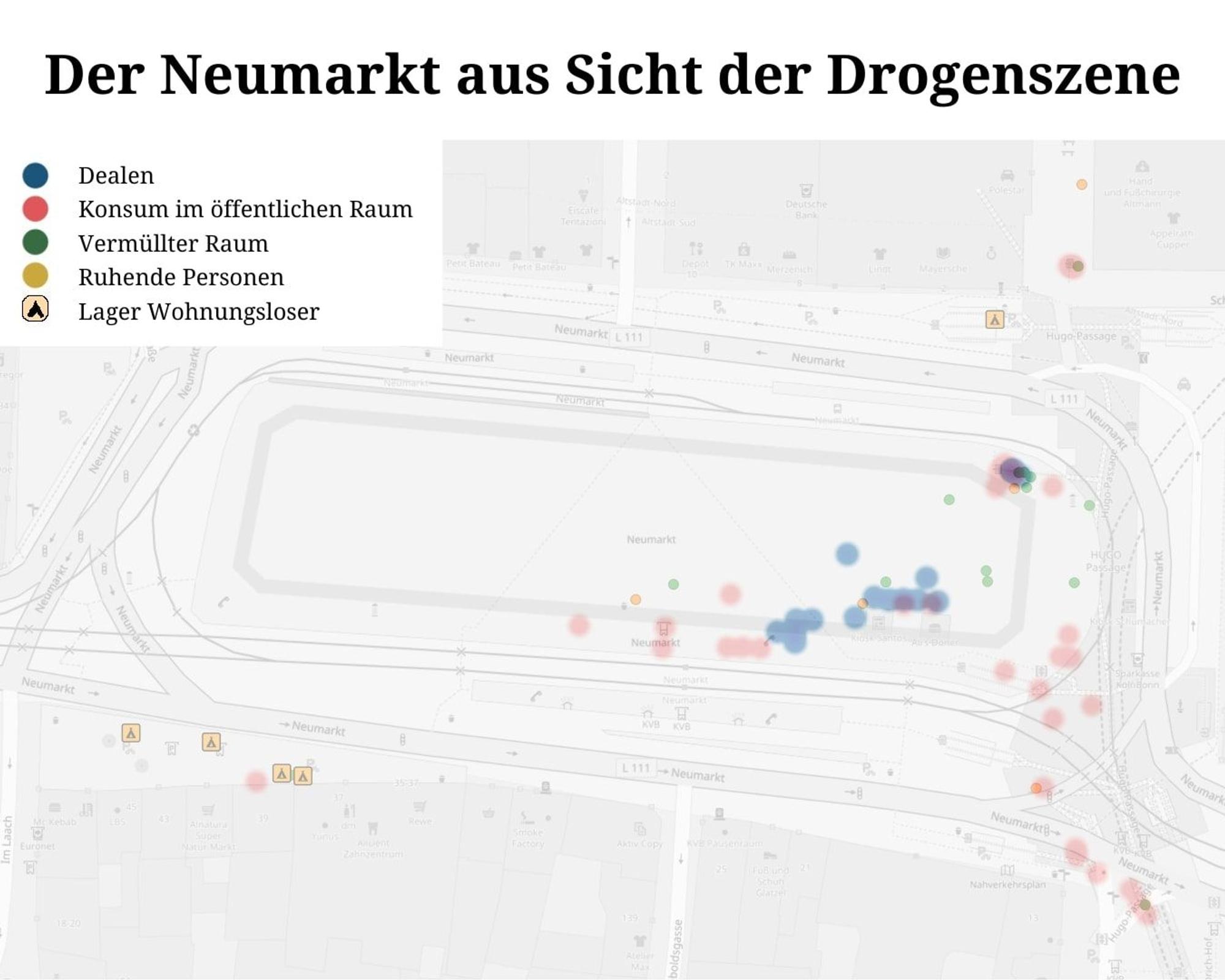 Der Neumarkt aus der Sicht der Drogenszene, dargestellt auf einer Heatmap