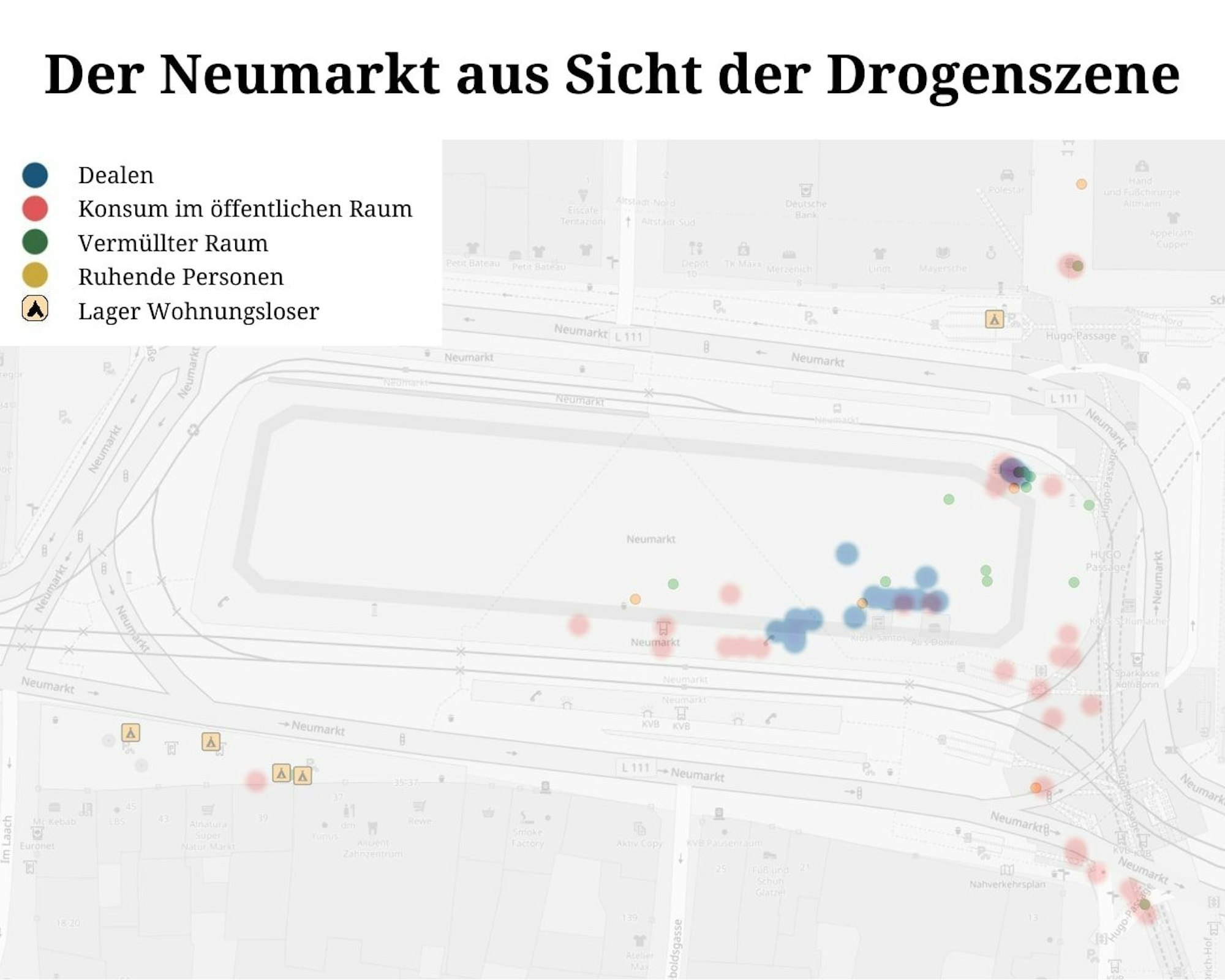 Der Neumarkt aus der Sicht der Drogenszene, dargestellt auf einer Heatmap