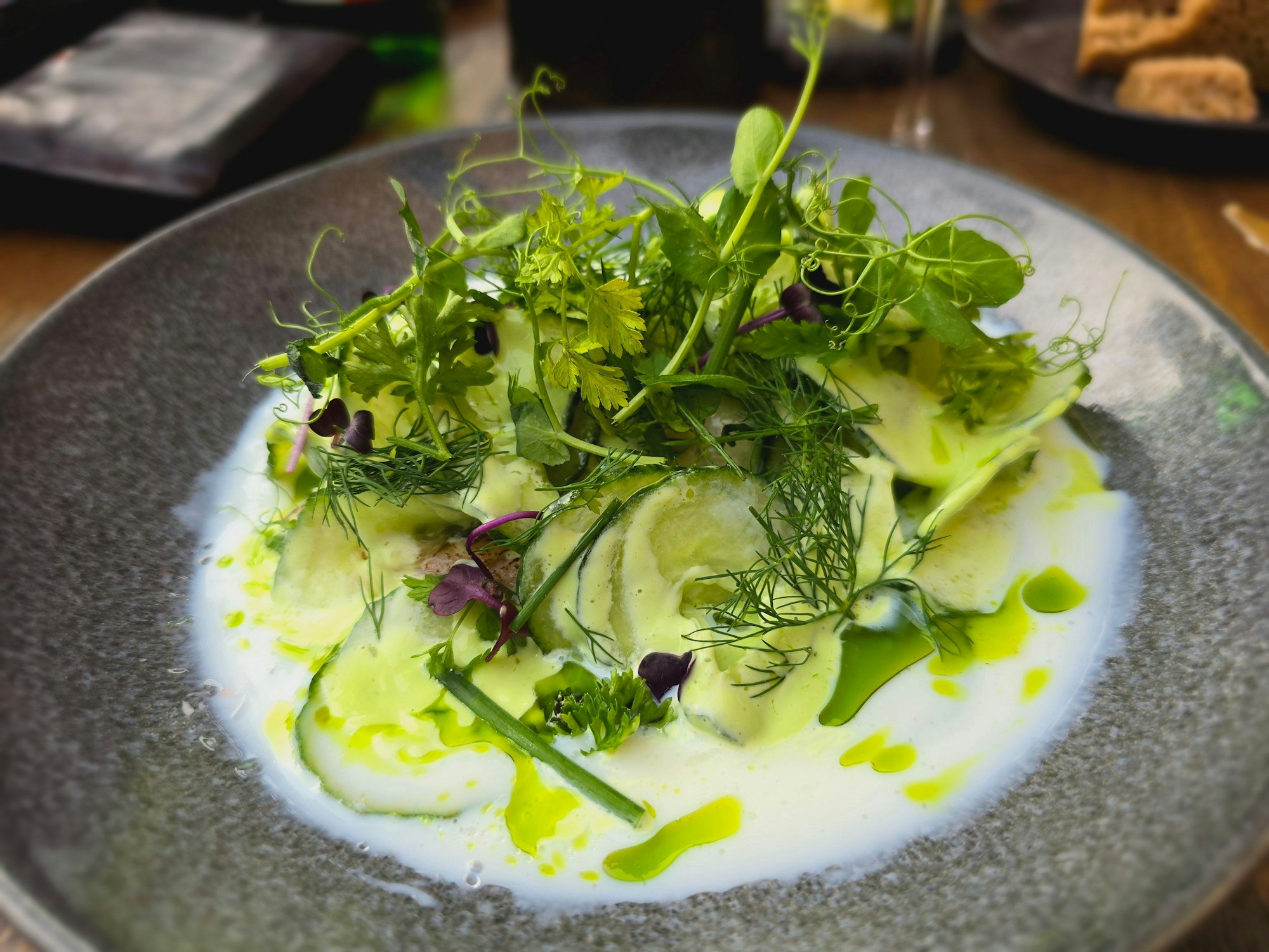 Gebeizter Lachs & Buttermilch
Gebeizter Lachs, Gurke, Buttermilch, Wasabi & Schnittlauchöl 15,90 €