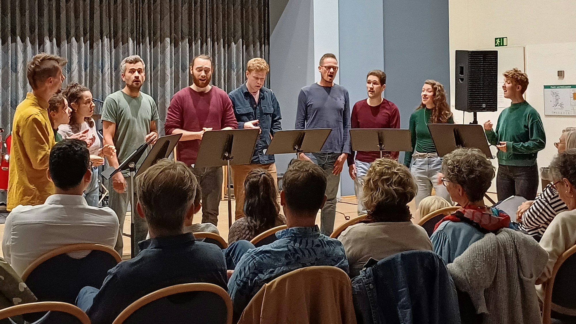 Männer und Frauen stehen in einer Reihe singend vor Publikum.