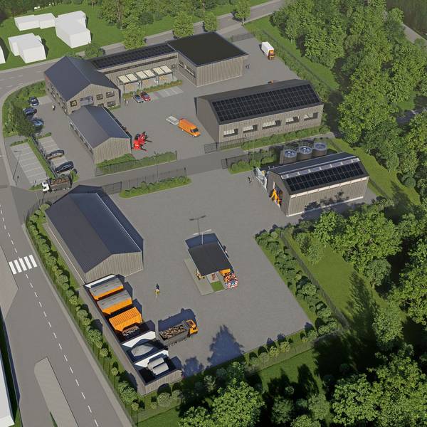 Eine Visualisierung zeigt aus der Vogelperspektive ein mit mehreren Gebäuden und Hallen bebautes Areal mit Innenhöfen, Parkplätzen und Fahrzeugen.