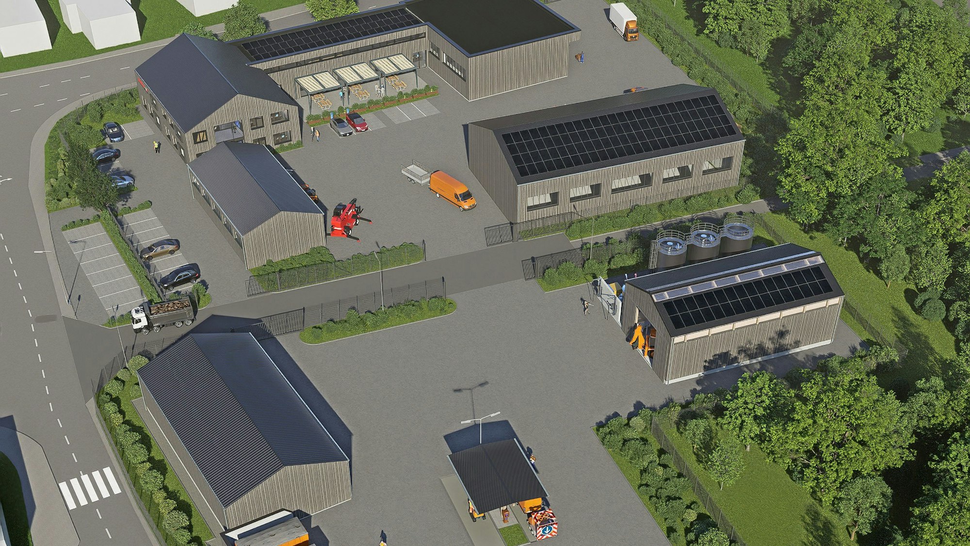 Eine Visualisierung zeigt aus der Vogelperspektive ein mit mehreren Gebäuden und Hallen bebautes Areal mit Innenhöfen, Parkplätzen und Fahrzeugen.