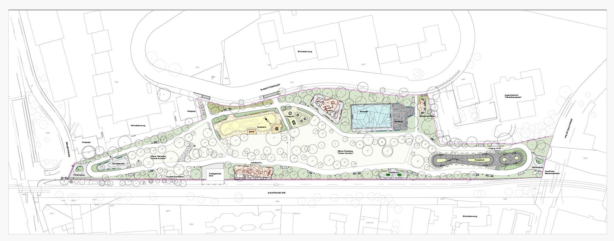 Ein Plan der Stadt, wie der Park an der Glashüttenstraße in Porz künftig aussehen soll.