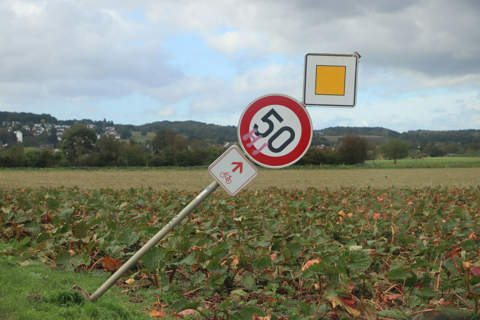 Auf dem Bild ist ein beschädigtes Verkehrsschild zu sehen.
